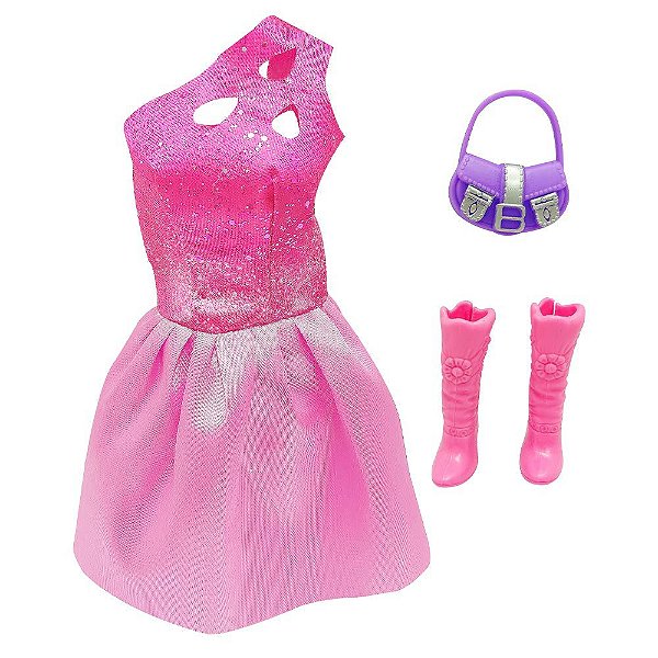 Cartela Roupas e Acessórios Belinda - Vestido Rosa Brilhante - DM Toys