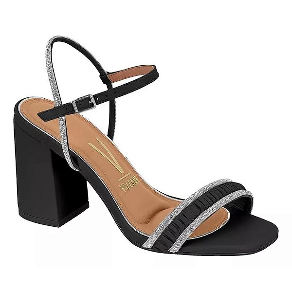 Sandália Salto Bloco Strass Preto - Vizzano