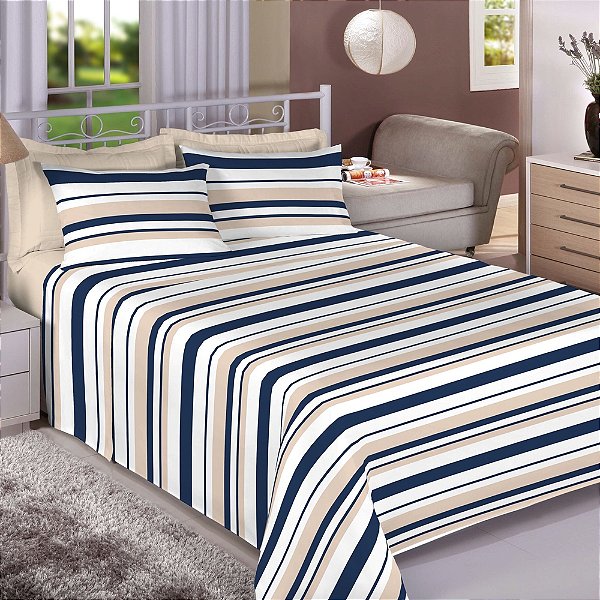 Jogo de Cama Premium Queen Listras Azul/Creme - 150 Fios - Estamparia