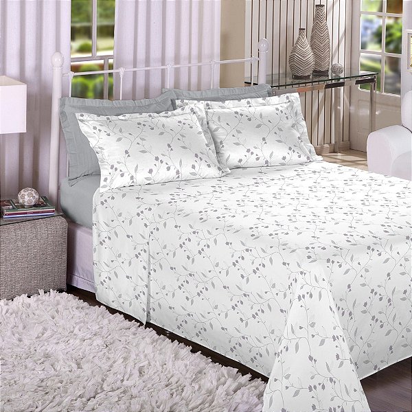 Jogo de Lençol Trésor 300 Fios Queen - Flores Lilás - 4 Peças - Estamparia