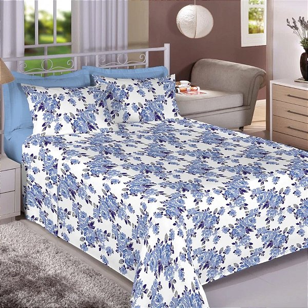 Jogo de Cama Premium Linea Solteiro Flores Azuis - 180 Fios - Estamparia