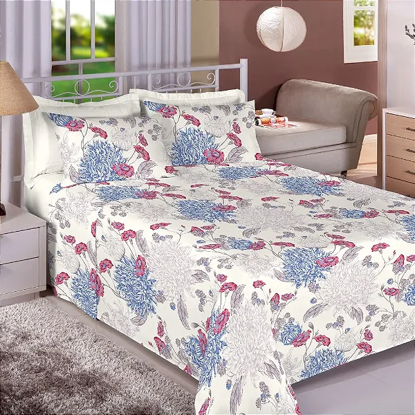 Jogo de Cama Premium Casal Flores Azuis - 150 Fios - Estamparia