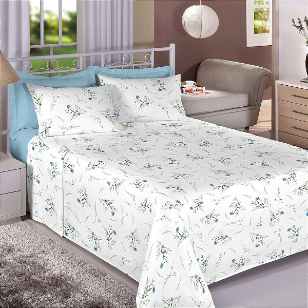 Jogo de Cama Premium Queen Ramo Azul - 150 Fios - Estamparia