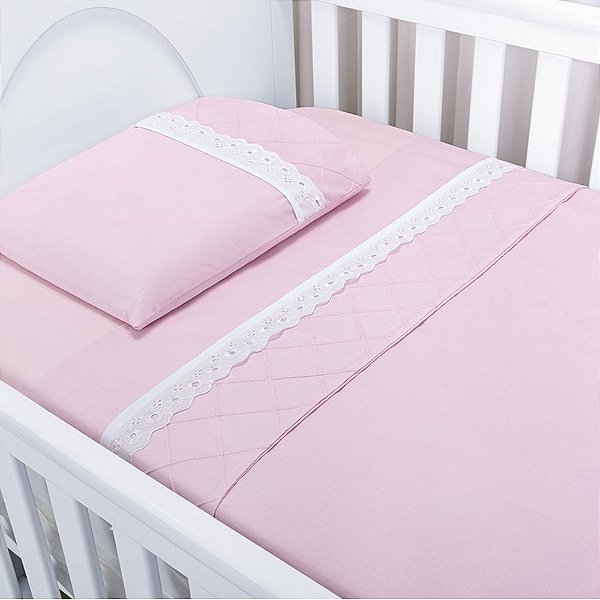 Jogo de Lençol Classic Nervuras e Bordados Inglês - 3 peças - Rosa - Batistela Baby