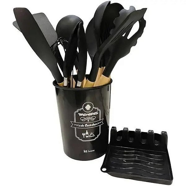 Kit de Talheres de Silicone Flórida 13 Peças com Suporte - Preto - Ke Home