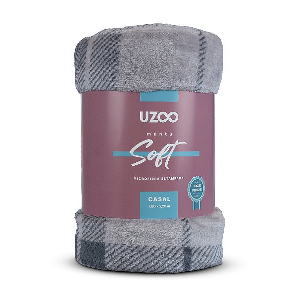Manta Microfibra Soft Estampado Casal - Xadrez Cinza - Uzoo