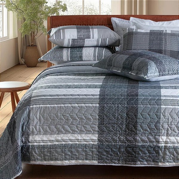 Jogo de Cama Attuale Queen 150 Fios - Listras Cinza - 4 Peças - Corttex