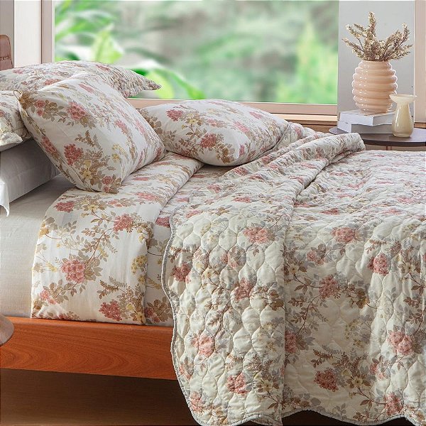 Jogo de Cama Attuale Solteiro 150 Fios - Flores Coral - 3 Peças - Corttex