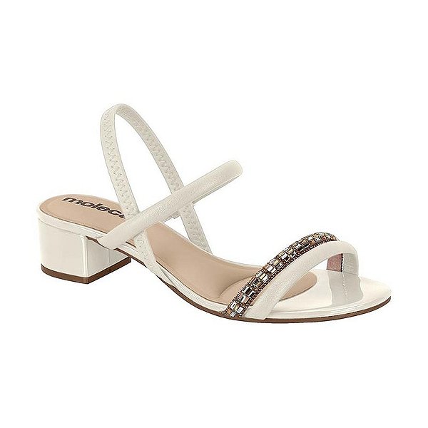 Sandália Feminina Salto Bloco Tira Brilhante - Branco - Moleca