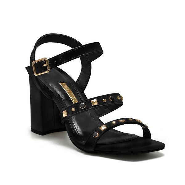 Sandália Feminina Salto Bloco Tachas - Preto - Via Marte