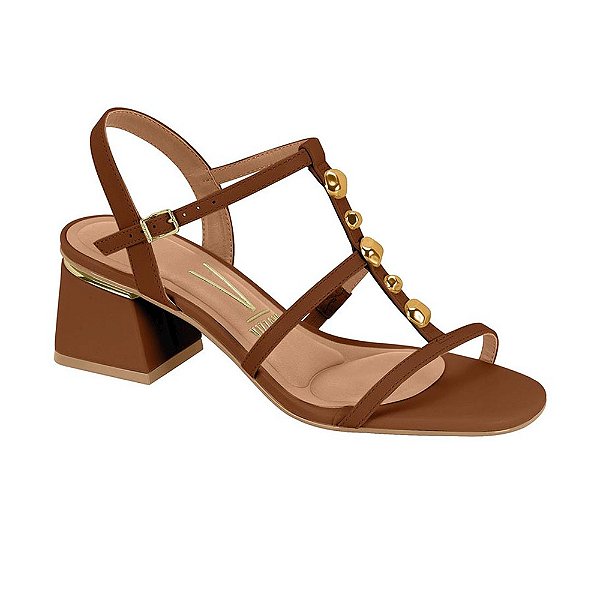 Sandália Feminina Salto Bloco Tachas - Capuccino - Vizzano