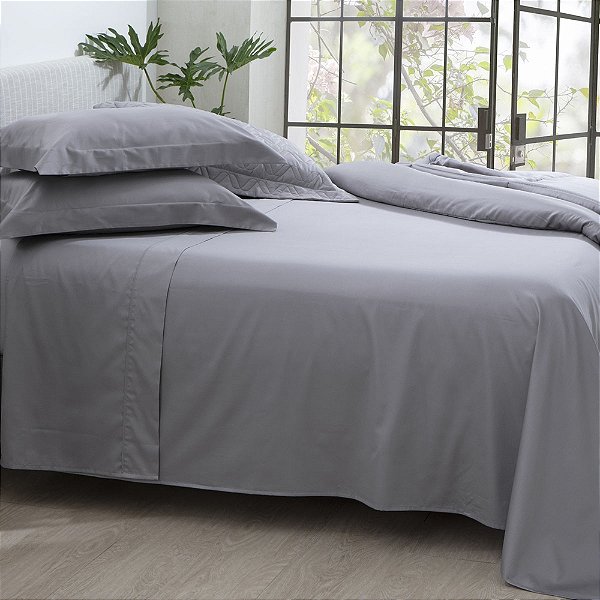 Jogo de Cama Santinée Percal 300 Fios Acentinado Solteiro - Silver - Kacyumara
