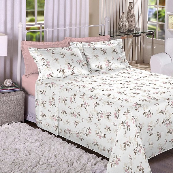 Jogo de Lençol Trésor 300 Fios Solteiro - Flores Rosa - 3 Peças - Estamparia