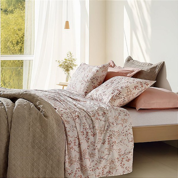 Jogo de Cama Queen 4 Peças Home Design 200 Fios - Floral Pêssego - Corttex