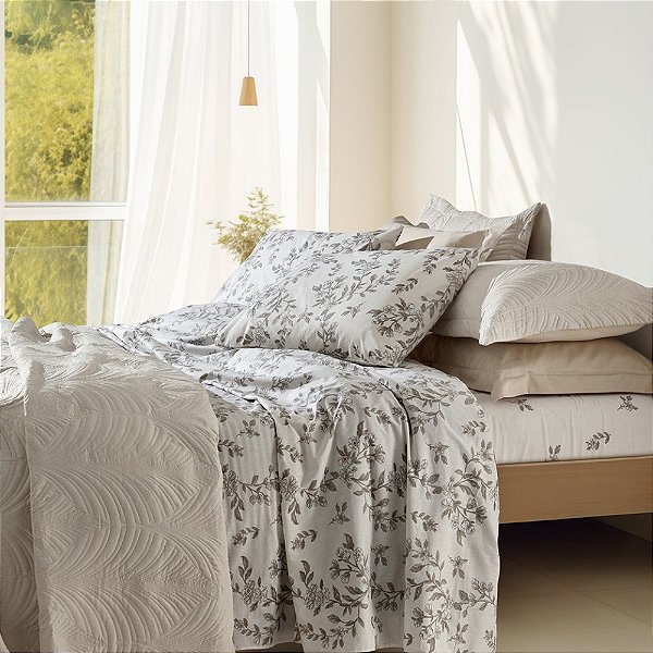 Jogo de Cama Casal 4 Peças Home Design 200 Fios - Floral Neutro - Corttex
