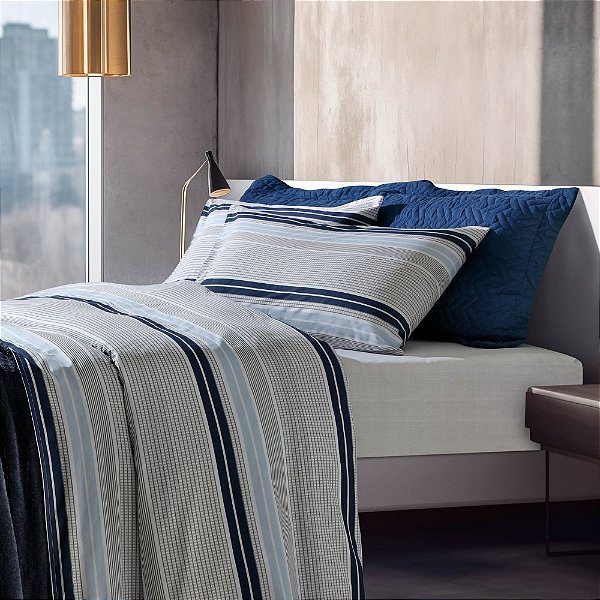 Jogo de Cama Solteiro 3 Peças Home Design 200 Fios - Listra Azul - Corttex