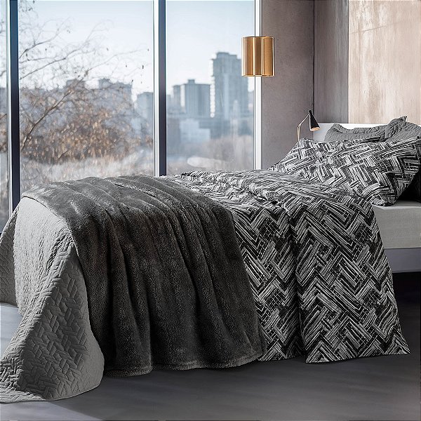 Jogo de Cama Solteiro 3 Peças Home Design 200 Fios - Geométrico Cinza - Corttex