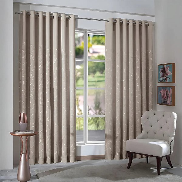 Cortina Voil Linho Bordada com Forro Maria Flor - 2,60m x 4,00m - Bege - M&C