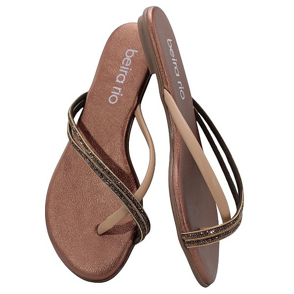 Sandália Rasteirinha com Tiras Metalizado Strass - Cacau - Beira Rio