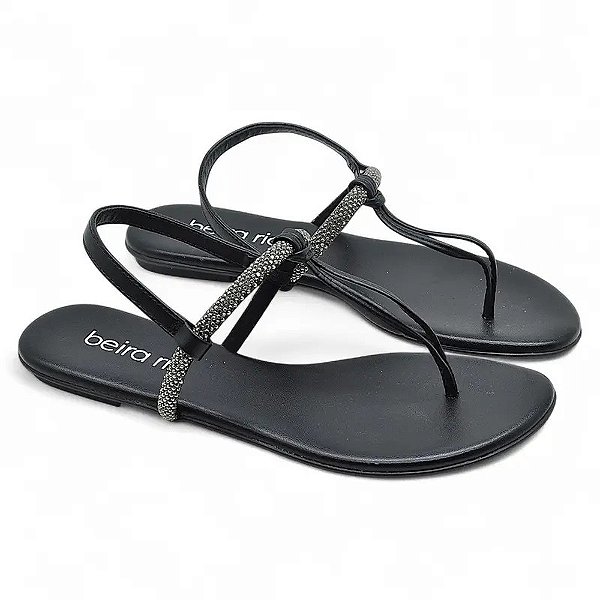 Sandália Rasteirinha Tira Pronta com Strass - Preta - Beira Rio