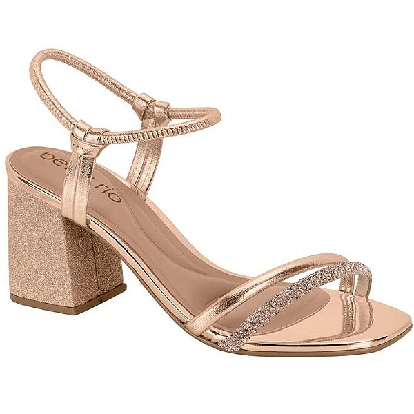 Sandália Feminina Salto Grosso Metalizada com Strass Rose Gold - Beira Rio