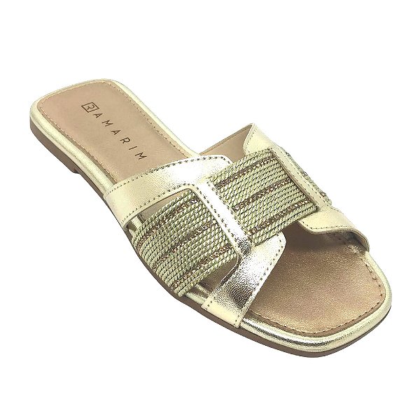 Chinelo Feminino Rasteira em H com Strass - Dourada - Ramarim