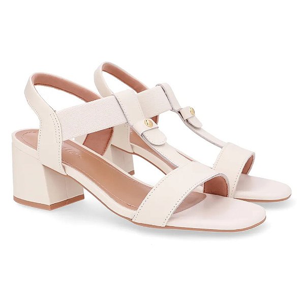 Sandália Couro Salto Médio Bloco - Marfim - Usaflex