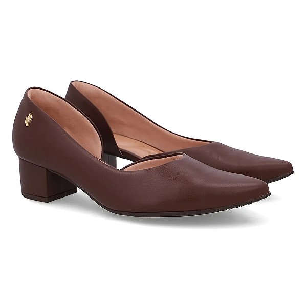 Scarpin Feminino Couro Salto Baixo Bloco - Pinhão - Usaflex