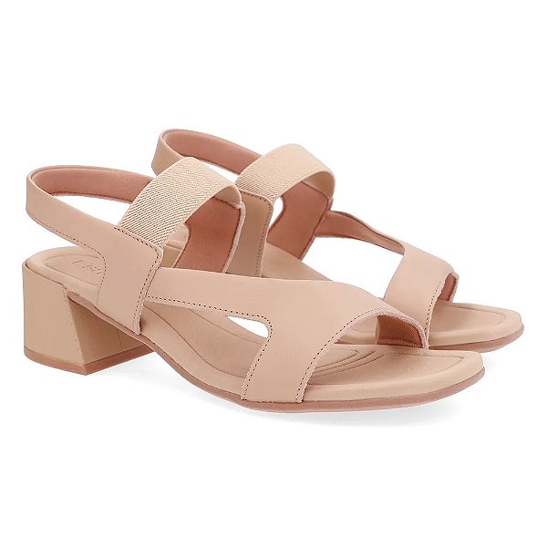 Sandália Salto Baixo Bloco Couro Tira Elástica - Bege - Usaflex