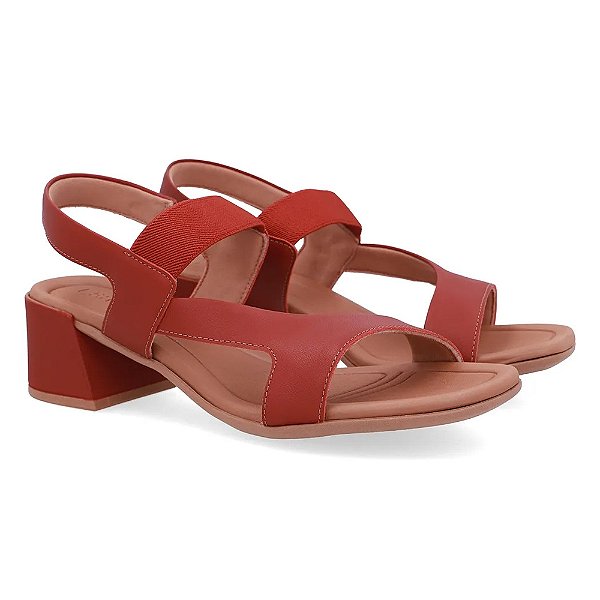 Sandália Salto Baixo Bloco Couro Tira Elástica - Terracota - Usaflex