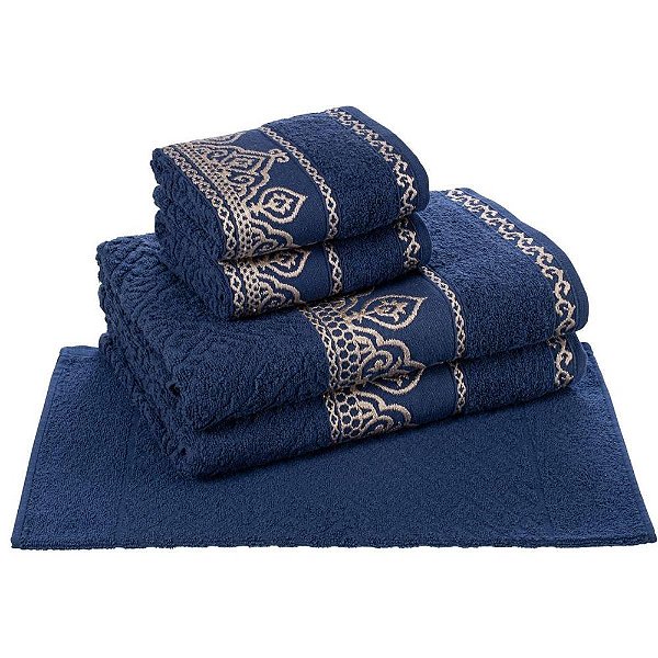 Jogo de Toalhas de Banho Barroca - Marinho - 5 Peças - Caviquioli
