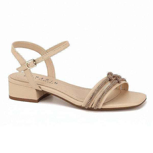 Sandália Salto Baixo Bloco Nó de Strass - Bege - Ramarim