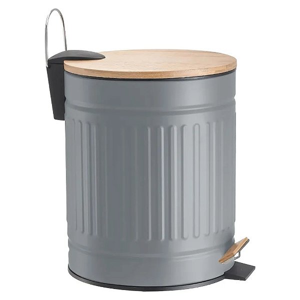 Lixeira com Pedal e Tampa de Bambu Fluted Cinza 5 Litros - Mek
