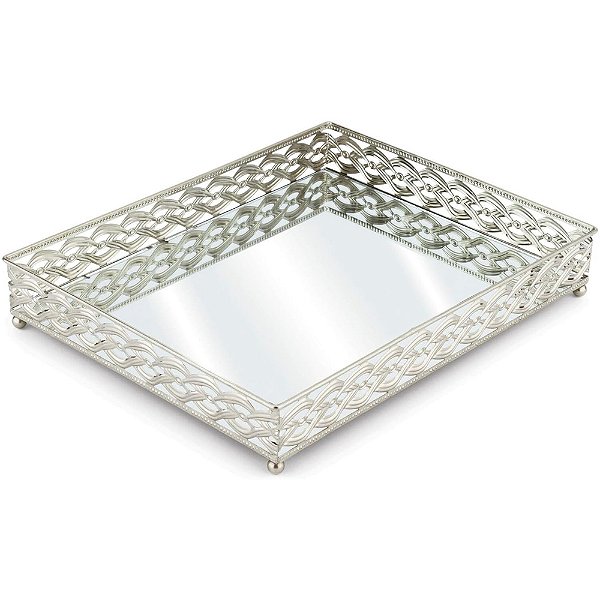 Bandeja Retangular com Espelho Francesa Prata 45cm - Mek