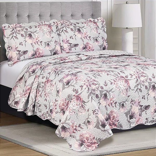 Kit Colcha Dupla Face Patchwork Casal - Buquê Rosa - Camesa