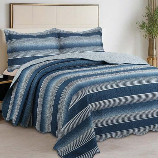 Kit Colcha Evolution Patchwork Solteiro - Faixas Marinho - Camesa