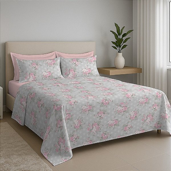 Jogo de Cama Premium Queen - Floral Rosa - 150 Fios - Estamparia