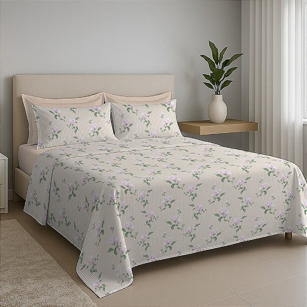 Jogo de Cama Premium Queen - Floral Rosa - 200 Fios - Estamparia