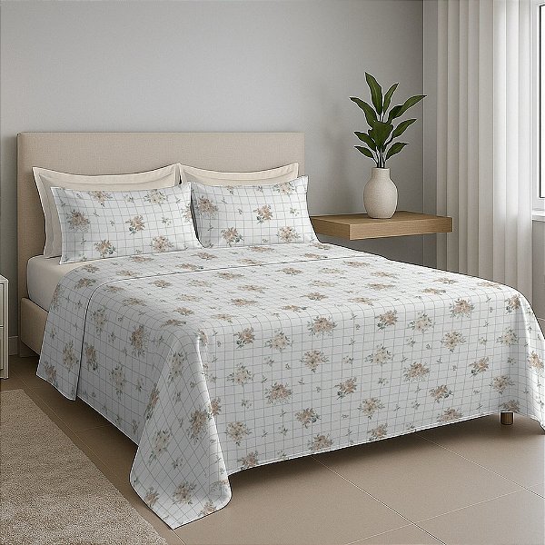Jogo de Cama Premium Casal - Grid Floral - 150 Fios - Estamparia