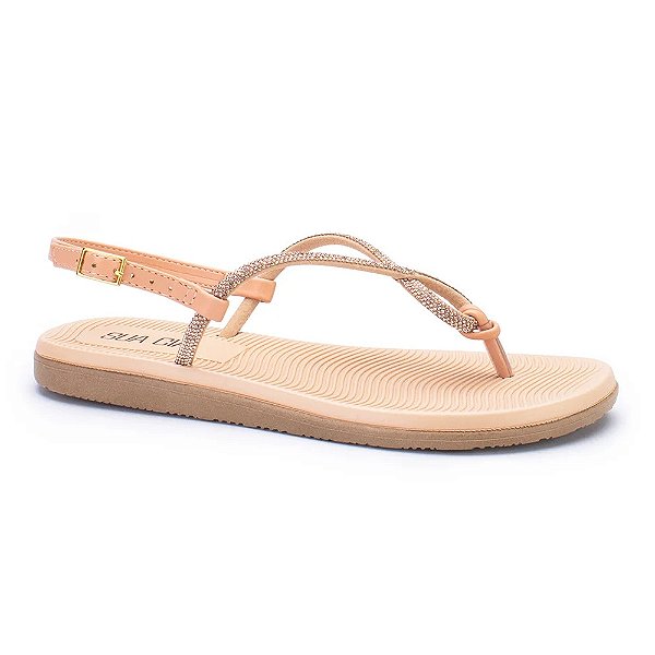 Sandália Rasteira Tiras Finas Strass - Nude - Sua Cia