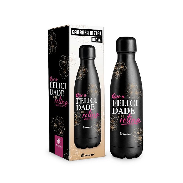 Garrafa Térmica Metal Neo - Felicidade Vire Rotina - 500ml - Brasfoot