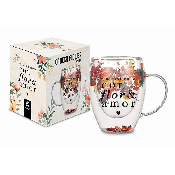 Caneca Vidro Borossilicato Flower - Cor, Flor e Amor - 320ml - Brasfoot