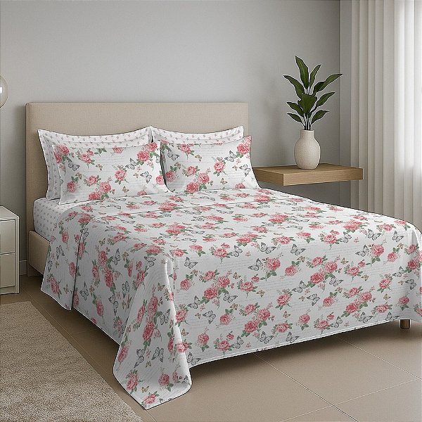 Jogo de Cama Premium Linea Solteiro - Rosas - 180 Fios - Estamparia