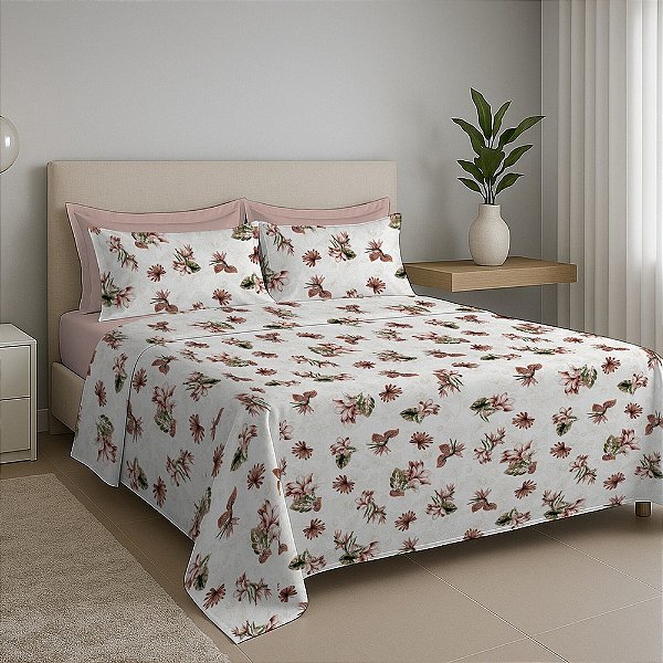 Jogo de Cama Premium Linea Queen - Floral Rosa - 180 Fios - Estamparia