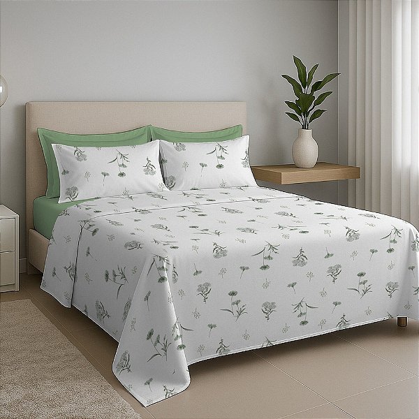 Jogo de Cama Premium Solteiro - Floral Verde - 150 Fios - Estamparia