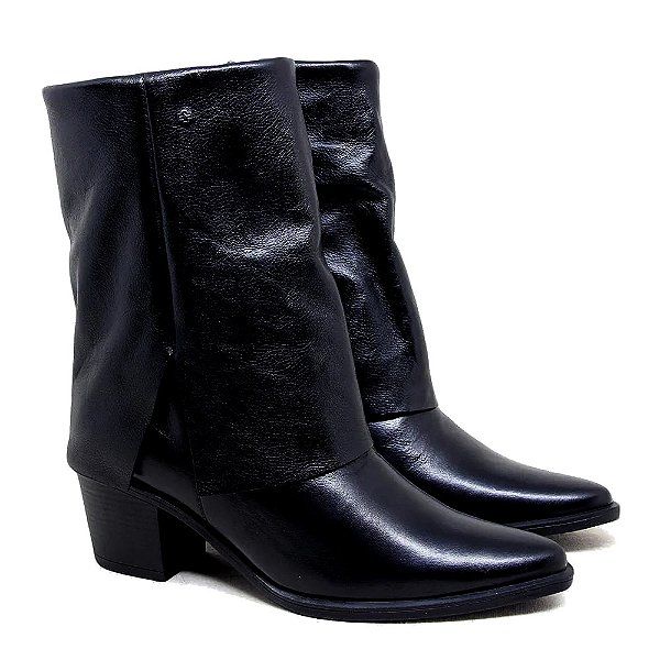 Bota Feminina Cano Médio Loren Capa em Couro - Preta - Perlatto