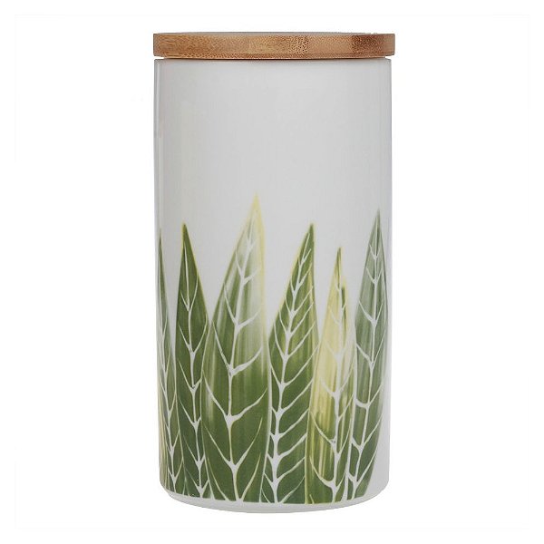 Pote de Cerâmica com Tampa Bambu Folhagem 20cm - BTC Home Decor
