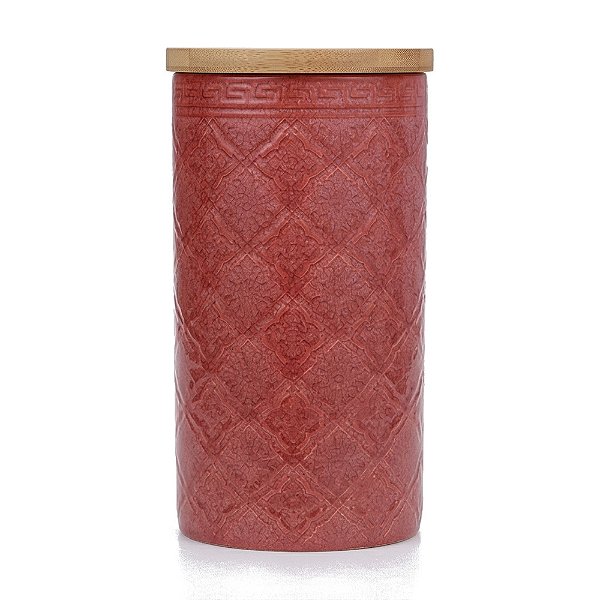Pote de Cerâmica Tampa de Bambu Argila Vermelha 20cm - BTC
