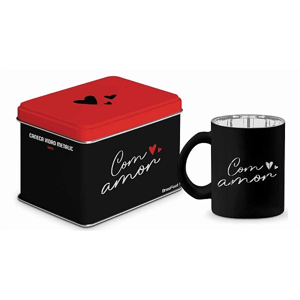 Caneca de Vidro Diamond Metalic Lata - Com Amor - 300ml - Brasfoot