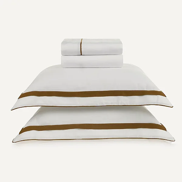 Jogo de Cama Lara Cetim 300 Fios - Queen - Branco/Bronze - 4 Peças - Karsten